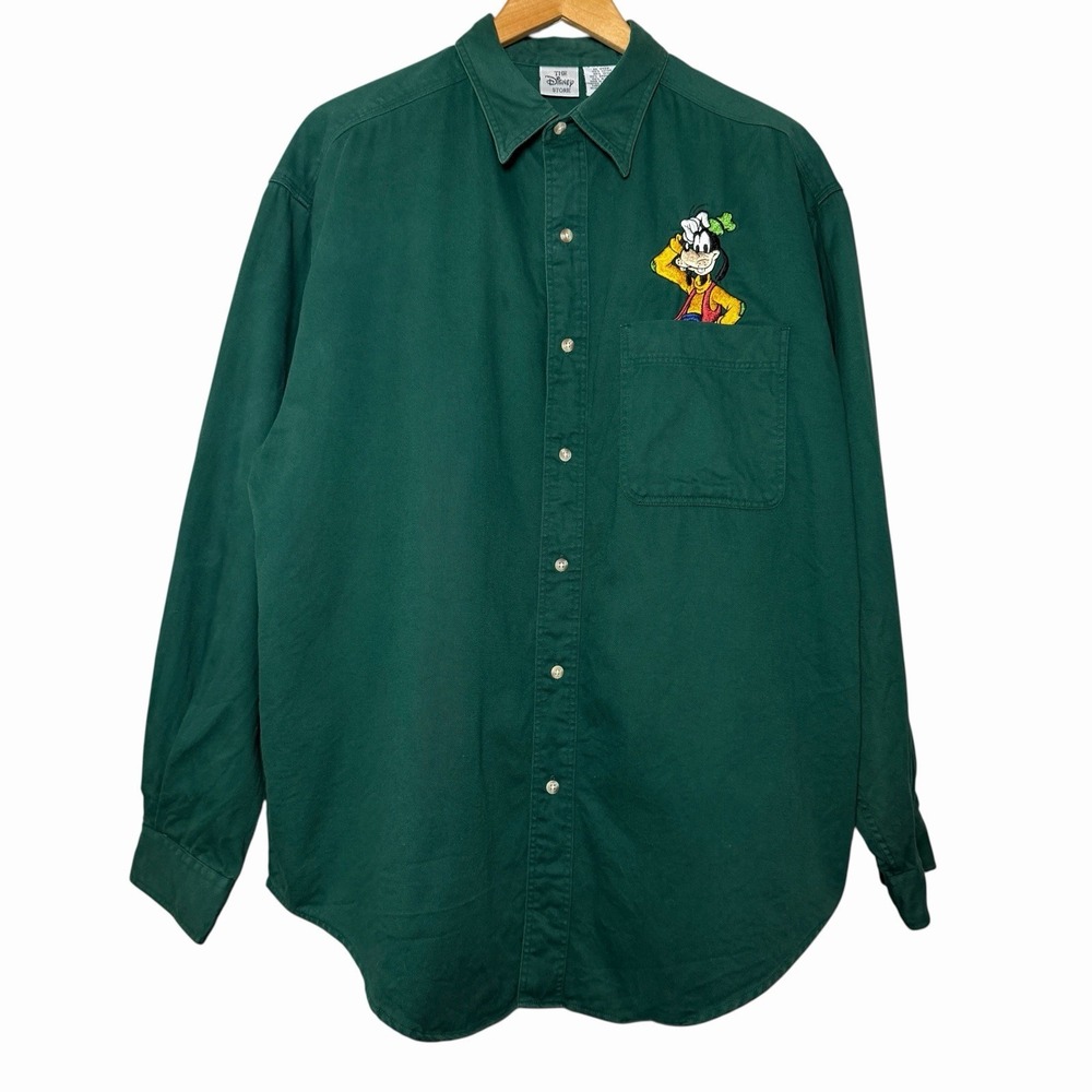 Vintage 90s Disney Goofy Embroidered Shirt Green Button Down Size L 100% Cotton